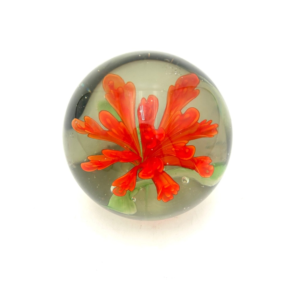 Vintage Art Glass Hand Blown 4"H Paperweight Orange Flower with Green Leaves